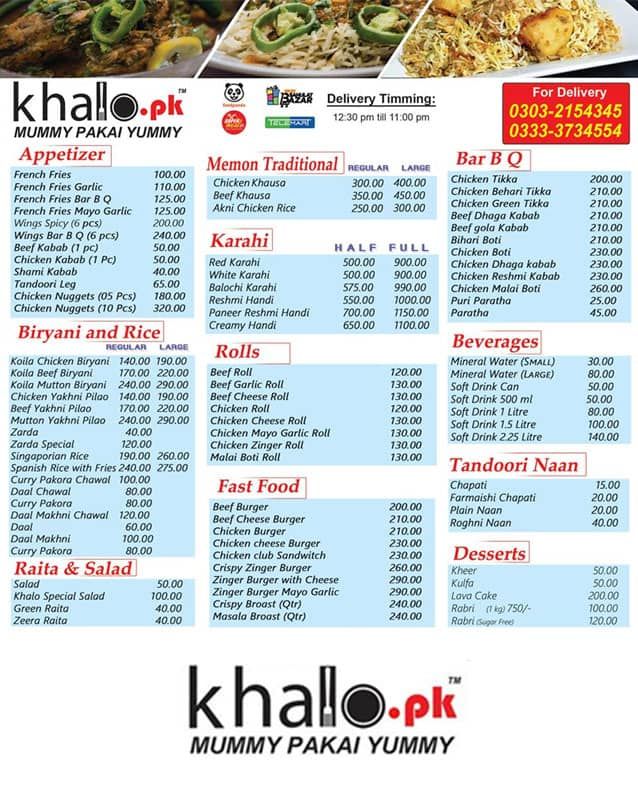 Khalo.pk menu