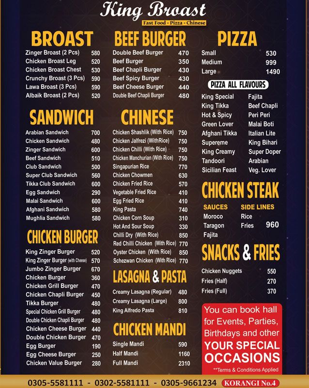 King Broast and Pizza menu