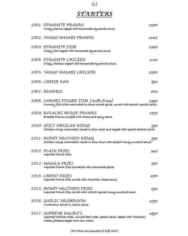 Kolachi Restaurant menu
