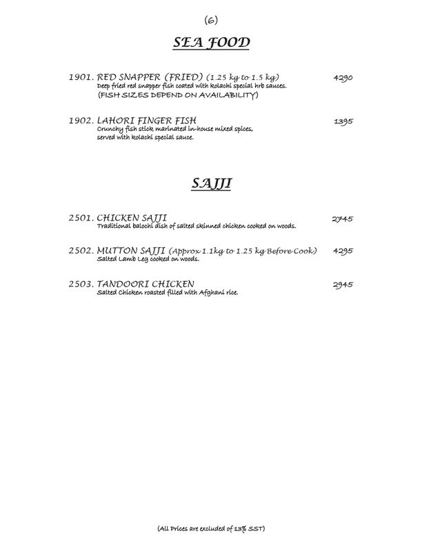 Kolachi Restaurant menu