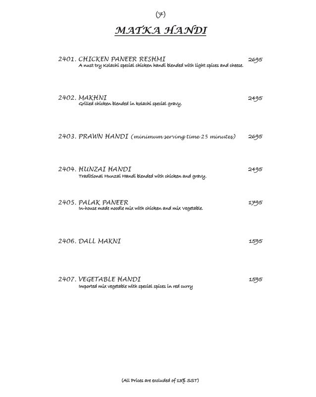 Kolachi Restaurant menu
