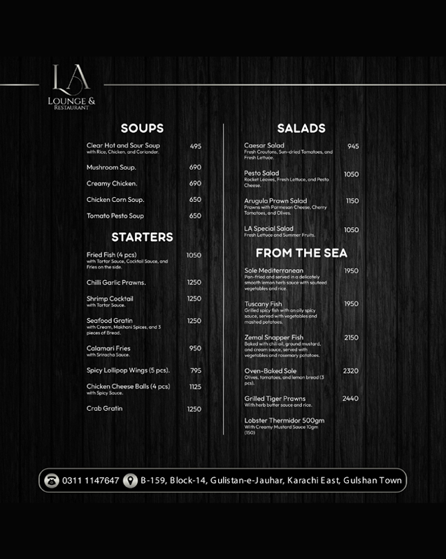 L A Lounge and Restaurant  menu