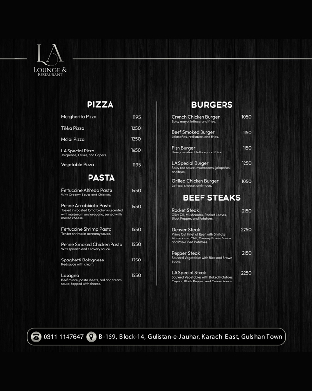 L A Lounge and Restaurant  menu