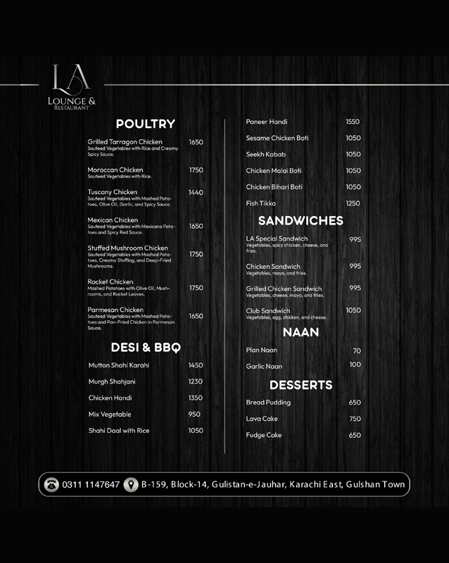 L A Lounge and Restaurant  menu