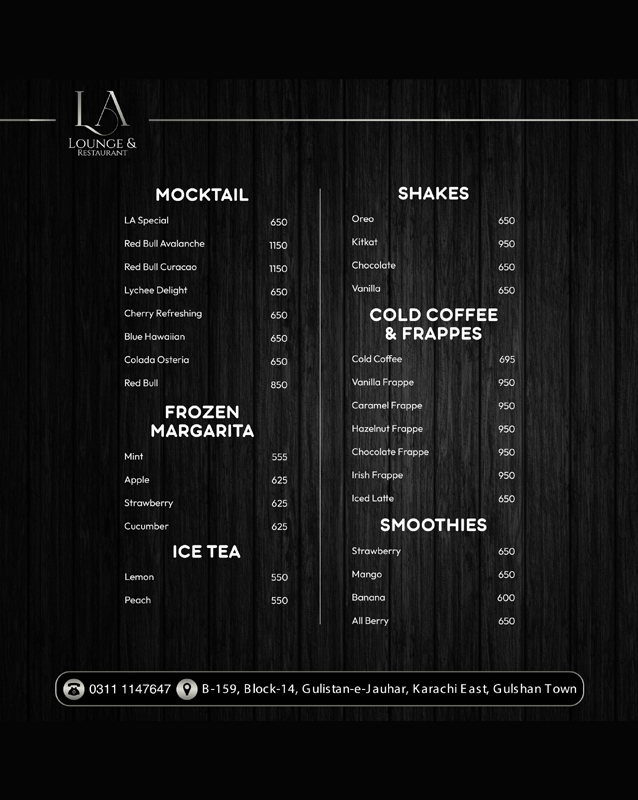 L A Lounge and Restaurant  menu
