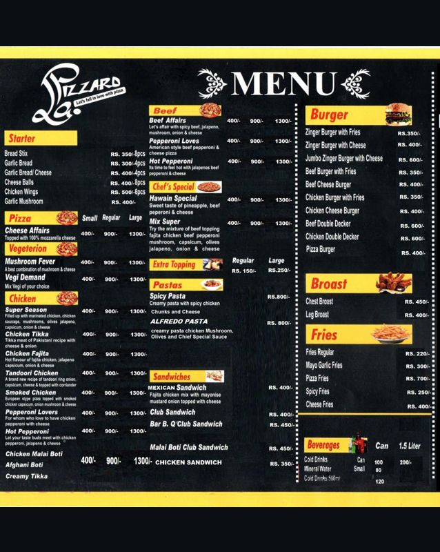 La pizzaro menu