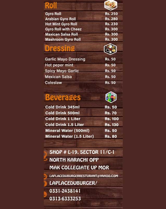 La Place Du Burger menu