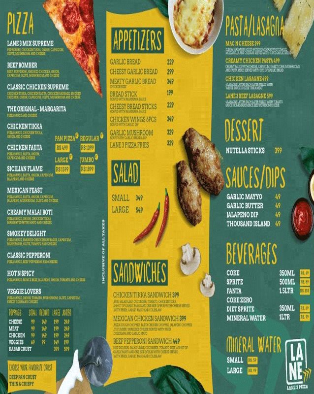 Lane 3 Pizza menu