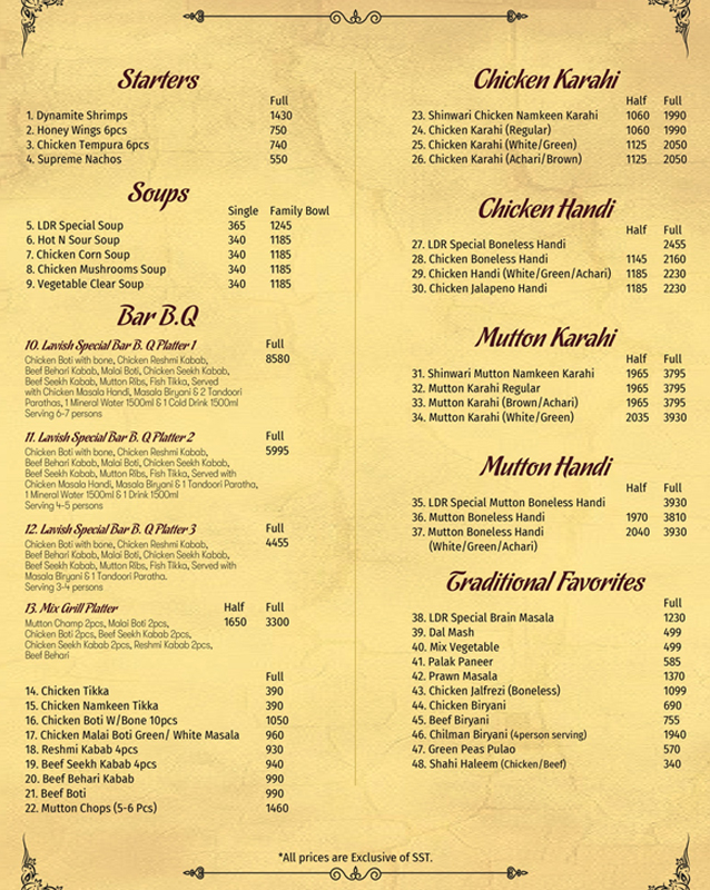 Lavish Dine Restaurant menu