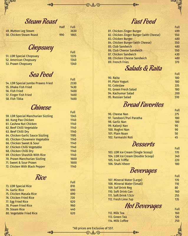 Lavish Dine Restaurant menu