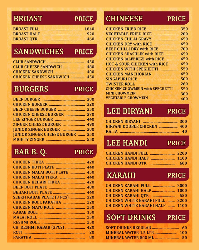 Lee Broast menu