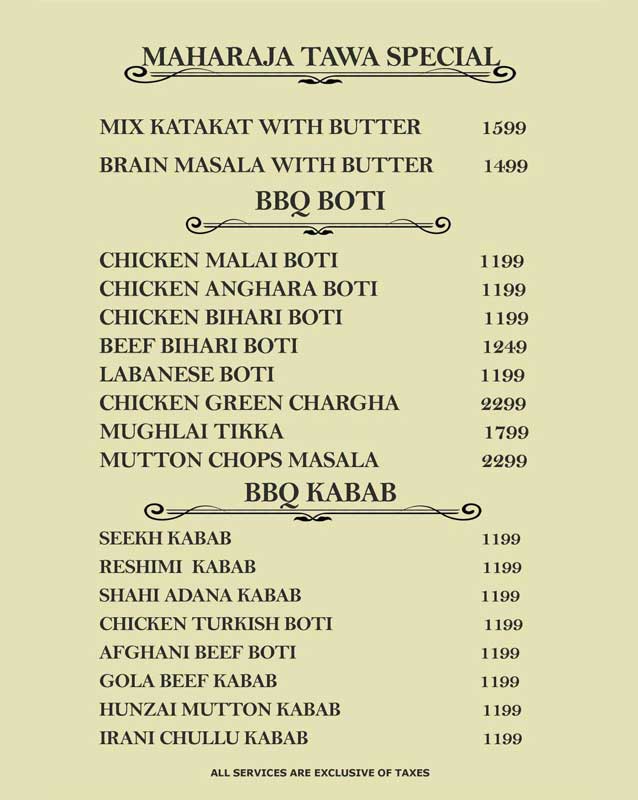 Maharaja menu
