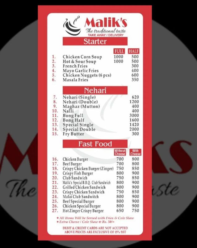 Maliks menu