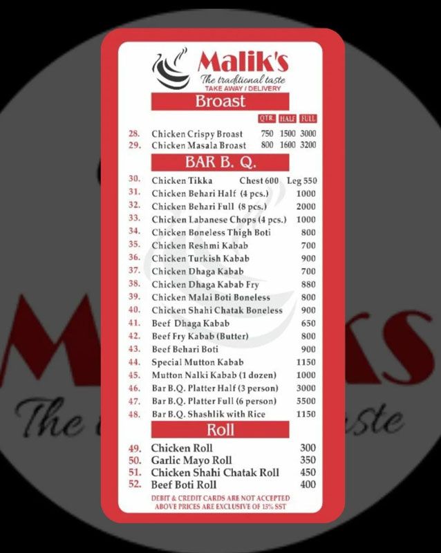 Maliks menu