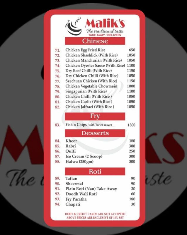Maliks menu