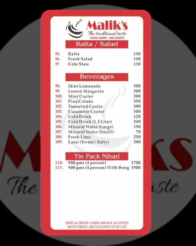 Maliks menu