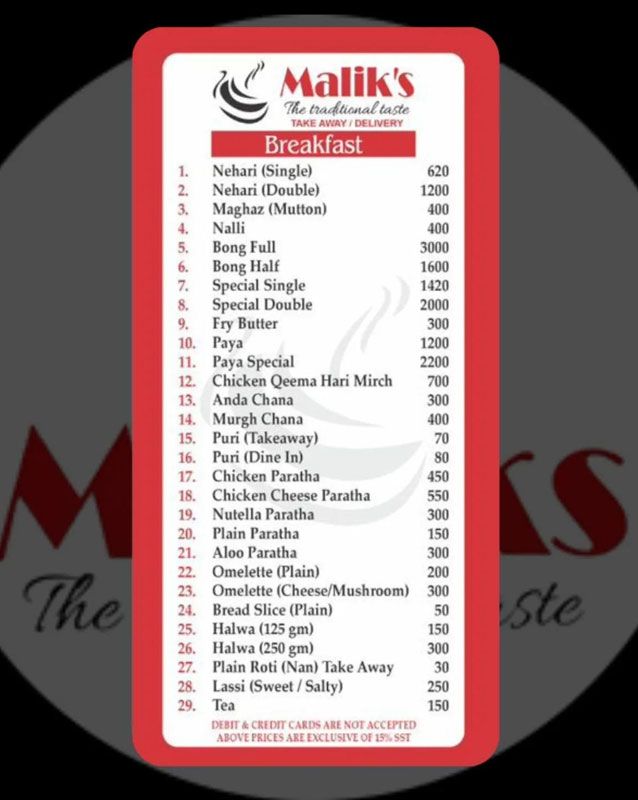 Maliks menu