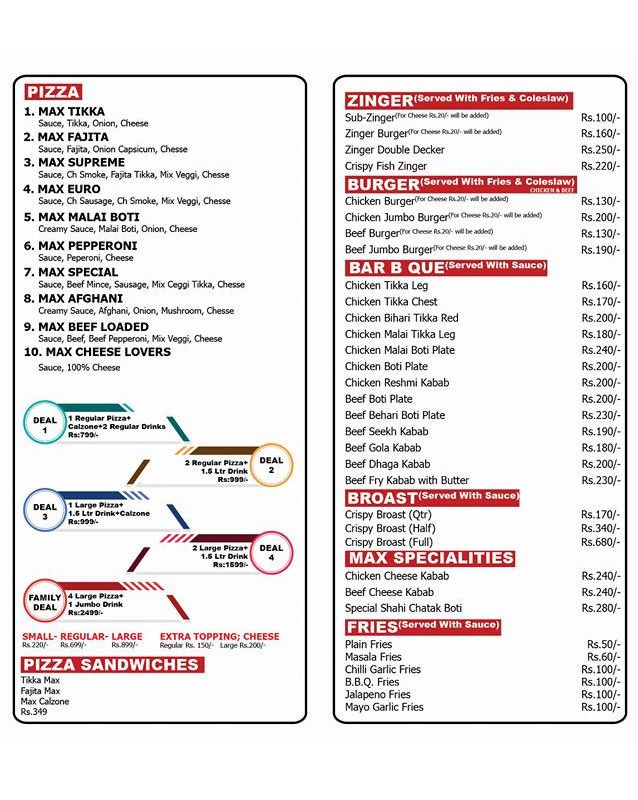 Max Cafe menu