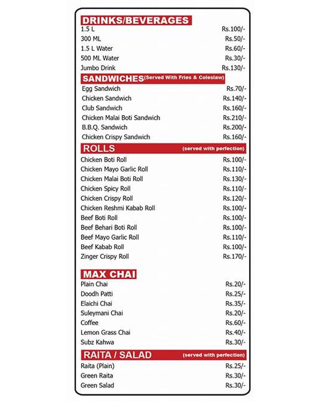 Max Cafe menu
