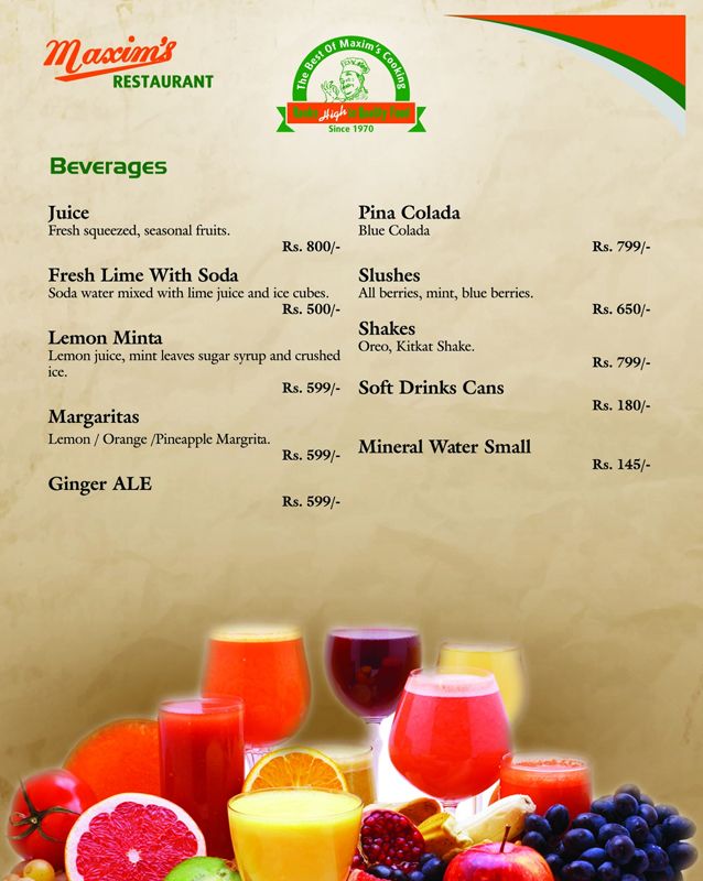 Maxim's Restaurant menu