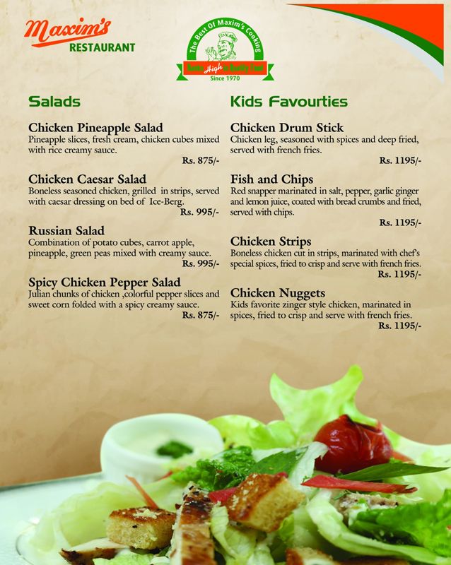 Maxim's Restaurant menu