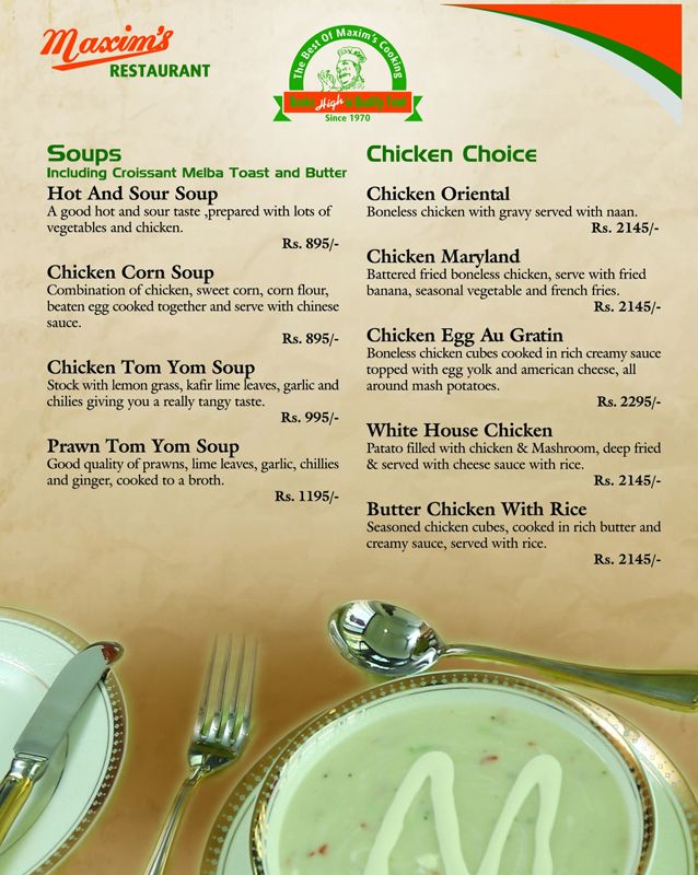 Maxim's Restaurant menu
