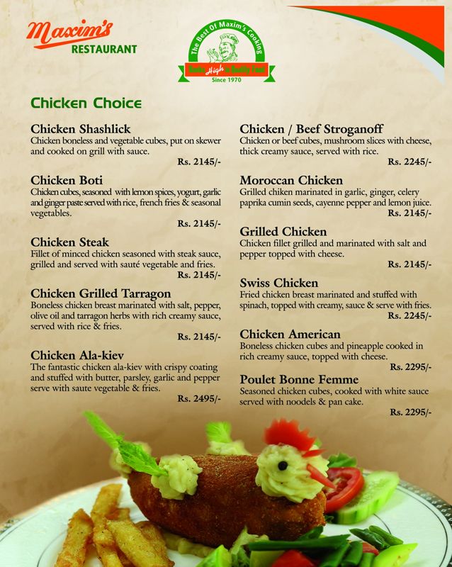 Maxim's Restaurant menu