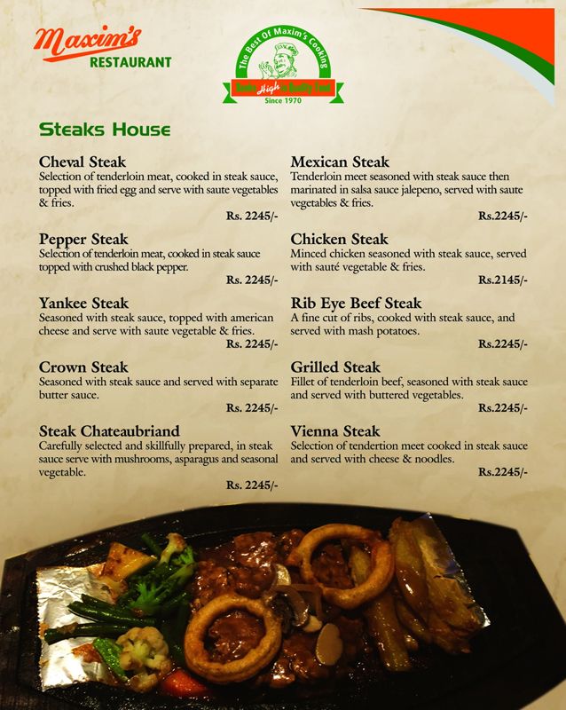 Maxim's Restaurant menu