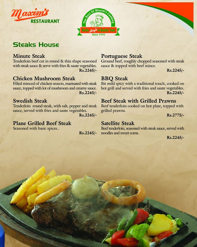 Maxim's Restaurant menu