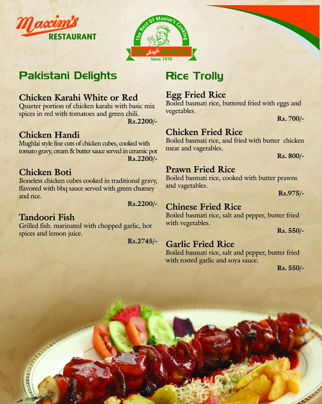 Maxim's Restaurant menu