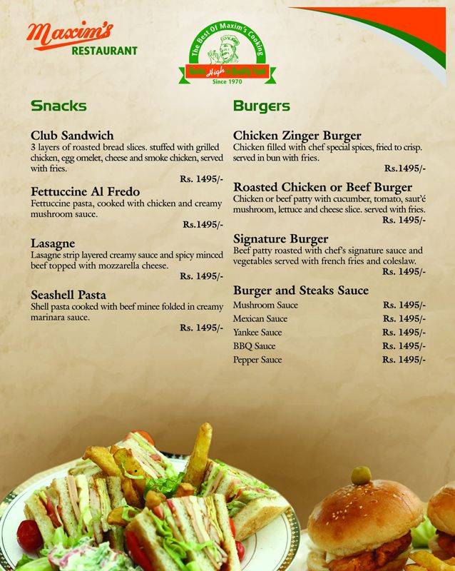Maxim's Restaurant menu