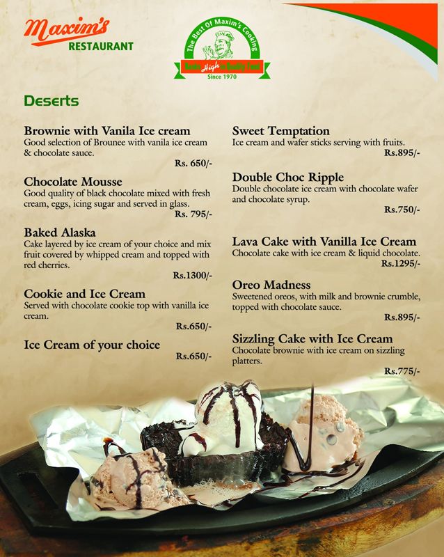 Maxim's Restaurant menu