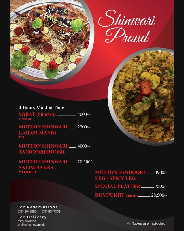Shaheen Shinwari menu