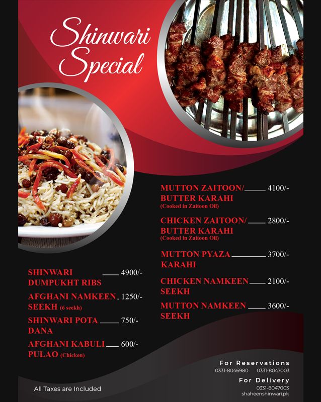 Shaheen Shinwari menu