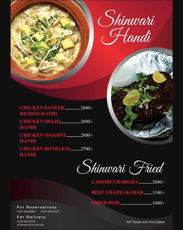 Shaheen Shinwari menu