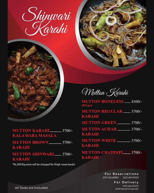 Shaheen Shinwari menu