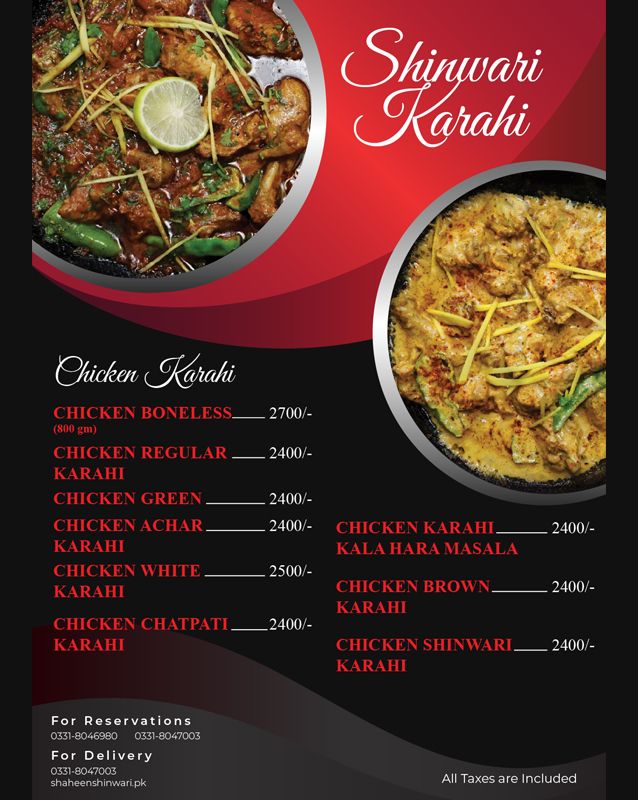Shaheen Shinwari menu