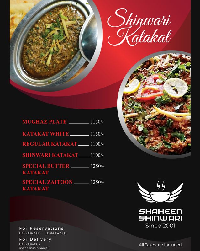 Shaheen Shinwari menu