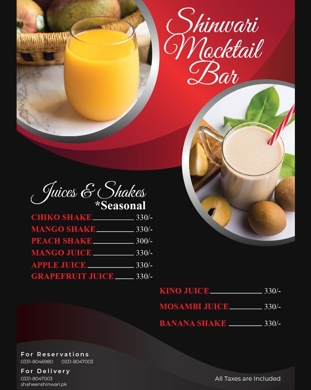 Shaheen Shinwari menu