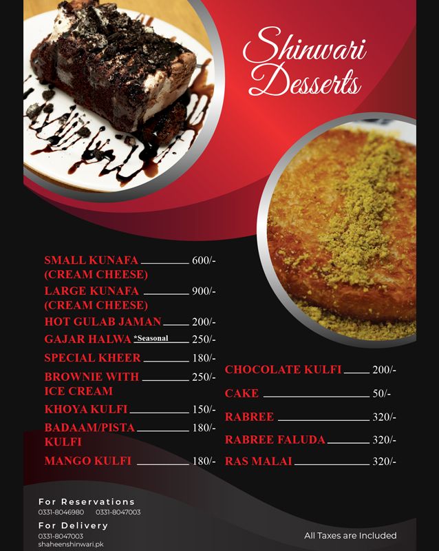 Shaheen Shinwari menu