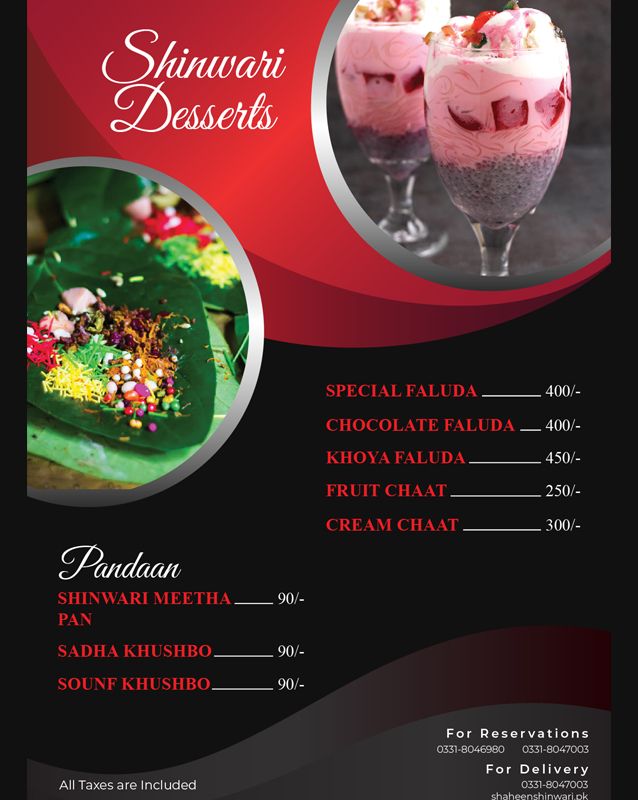 Shaheen Shinwari menu