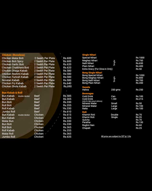 Shaikh Abdul Ghaffar Kabab House menu