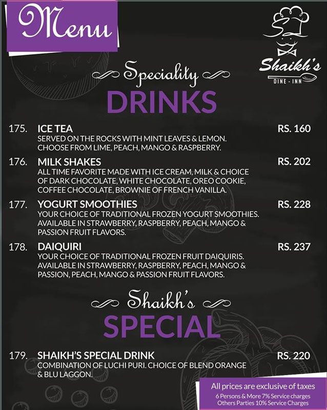 SHAIKH's Dine in & Grill menu