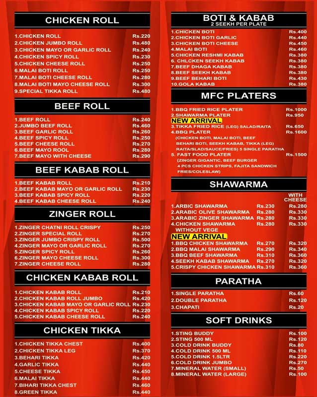 Mehak Fast Food menu