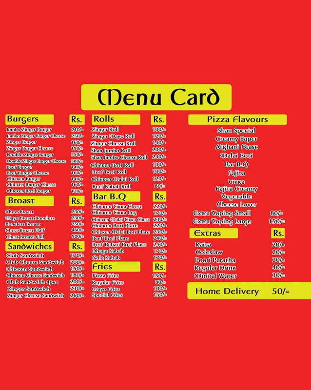 Shan Foods menu