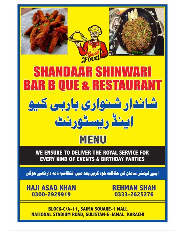 Shandaar Shinwari Bar B Que & Restaurant menu