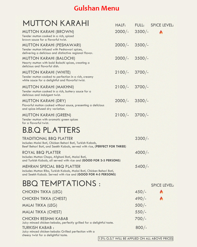 Mehran Sajji & Caterers menu
