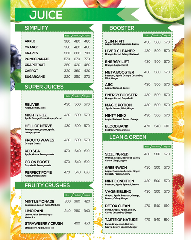 Meta Boost Juice Bar  menu