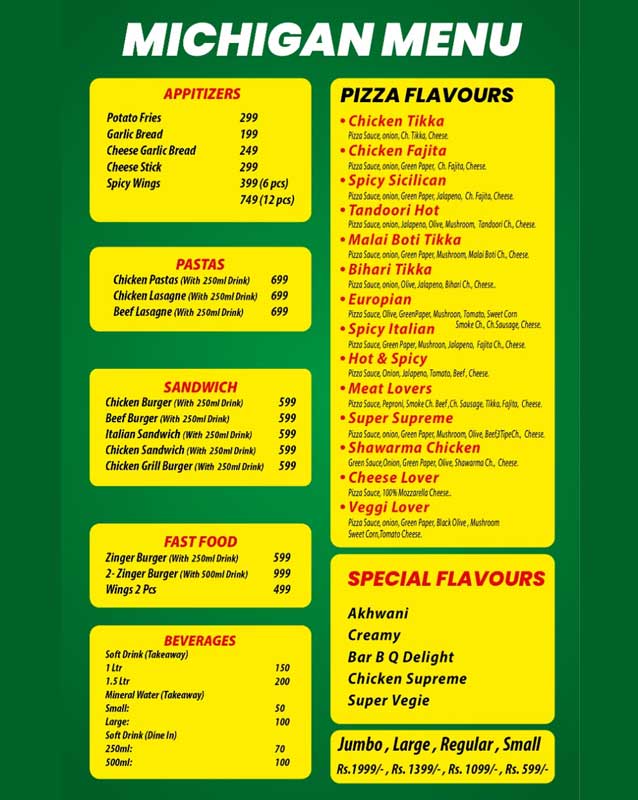 Michigan Pizza menu