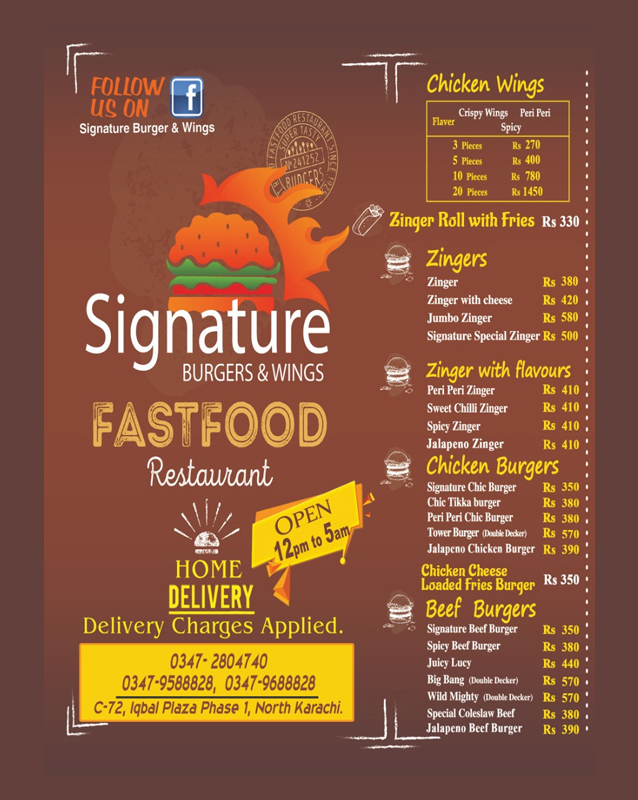 Signature Burgers and Wings menu
